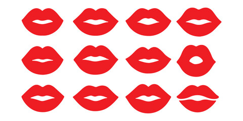Icons of female lips. Girl mouth close up expressing different emotions symbol collection. Vector illustration