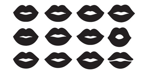 Icons of female lips. Girl mouth close up expressing different emotions symbol collection. Vector illustration