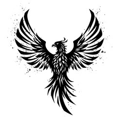 Fototapeta premium Black phoenix illustration with outstretched wings and splatter effects 