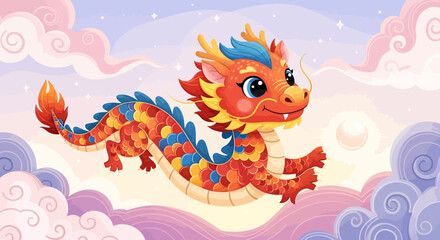 Adorable Cartoon Baby Dragon Flying in Clouds.