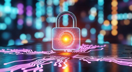 Cyber security lock icon digital data protection glowing neon style futuristic background