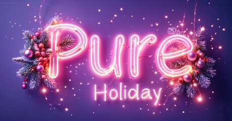 Bright neon sign displays Pure Holiday. Festive foliage accents glowing text. Purple backdrop with sparkling effects creates holiday mood.