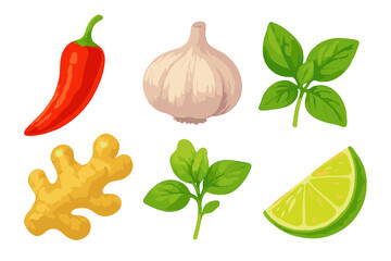 Fresh ingredients for a vibrant culinary dish featuring chili, garlic, ginger, lime, and fresh herbs