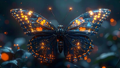 Glowing metallic butterfly in dark forest