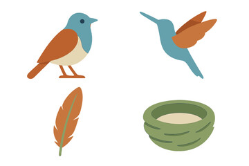 Colorful collection of bird illustrations featuring a bluebird, hummingbird, feather, and nest set against a clean background