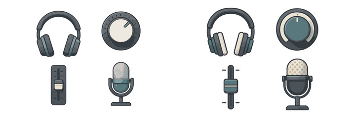 Creative audio equipment designs featuring headphones, microphones, and controls for modern sound production
