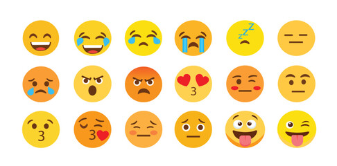 Fototapeta premium Emoji flat vector set of emoticons with funny, sad, crying, love, angry and cute facial expressions isolated on white background
