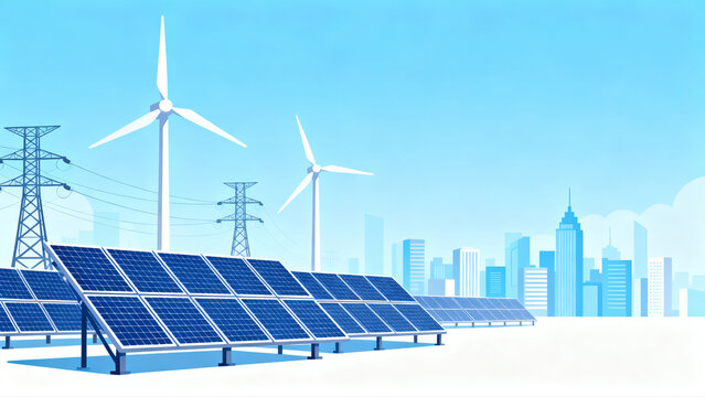 City landscape with solar panels and wind turbines
