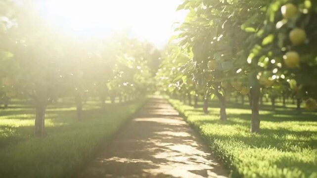 Sunlit lemon orchard with rows of fruit-bearing trees along a central path and baskets of lemons nearby.