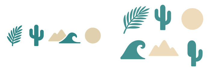Creative desert and ocean illustration featuring cacti, waves, and mountains in a minimal style