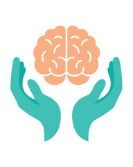 Two teal hands gently holding and protecting a stylized orange brain