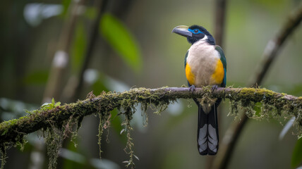 A colorful bird with blue, white, and yellow plumage perched on a moss-covered branch in a lush forest.