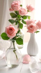 Delicate pink roses in vases