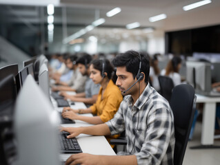 Indian call center agent working with headset in modern office environment