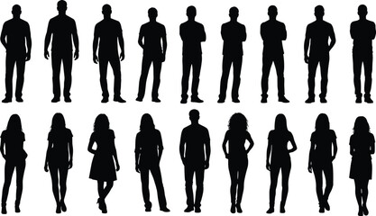 Silhouettes of diverse men and women standing in various poses, fashion styles, and clothing designs isolated on white background vector illustration
