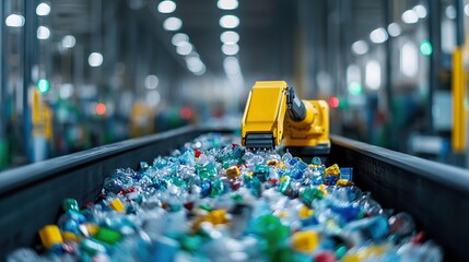 AI-powered urban waste sorting robot in a recycling center, identifying materials with precision, efficient waste management. 
