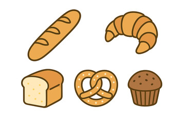 Delicious assortment of baked goods including bread, croissant, and muffin displayed on a simple background
