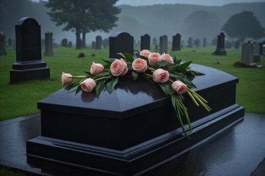 Friedhofslandschaft mit Gedenkblumen auf einem Grabstein &ndash; ein zarter Tribut zur Erinnerung und Trauer