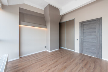Modern Minimalist Loft Home Bedroom With Wooden Floor and Contemporary Closet Design