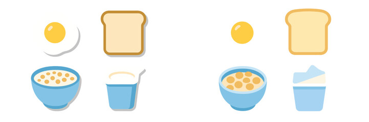 Breakfast foods arranged separately with eggs, toast, and bowls of cereal on a clean white background at morning