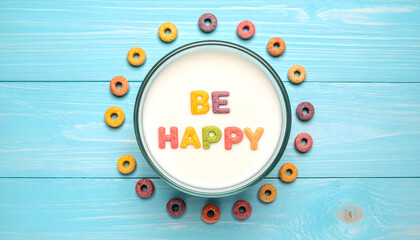 Cheerful Cereal: A bowl of cereal brightens a serene, light blue backdrop. The colorful cereal pieces create a cheerful morning scene. 