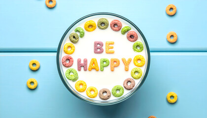 Colorful Cereal Be Happy: A vibrant and cheerful composition featuring a bowl of milk adorned with colorful cereal pieces spelling out Be Happy against a light blue surface.