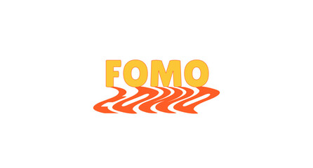 FOMO acronym bold internet slang with wavy orange shadow. Fear of missing out lingo. Anxious feeling. Psychological term. Social media buzzword. Funky reflection 70s typography. Lilita One font used