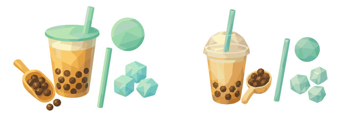 Enjoying bubble tea and slush in a colorful setting with boba pearls and ice cubes during a sunny day