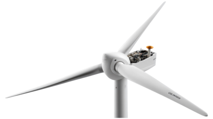 Wind Turbine: Capturing the essence of renewable energy, a modern wind turbine stands tall against a backdrop of blue skies, its massive blades poised to harness the wind.