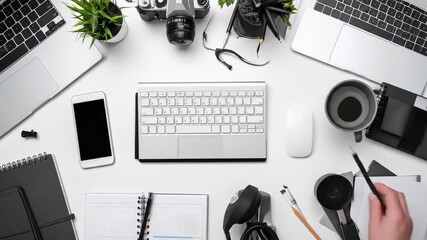Overhead View of a Busy Workspace with Laptop and Accessories - Powered by Adobe