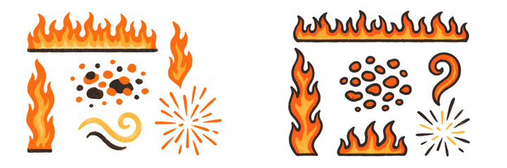 Various colorful flames and fire designs created on a white background illustrating vibrant fire patterns for creative projects