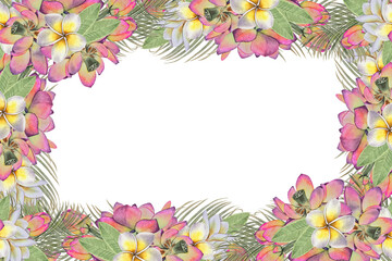 Watercolor tropical floral frame with yellow plumeria pink lotus green palm and frangipani leaves. in rectangular format. for summer packaging beach wedding invitations cosmetics and travel branding.