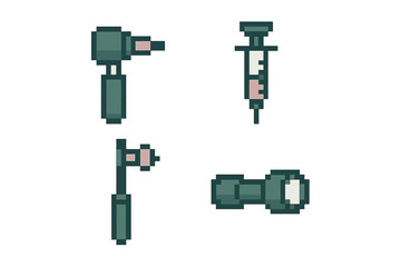 Pixel art representation of medical tools including a syringe, otoscope, and other equipment used in healthcare settings