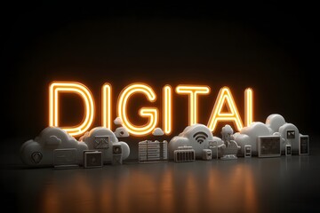 Bright Digital Neon Sign with Cloud Icons and Technology Elements in Dark Setting