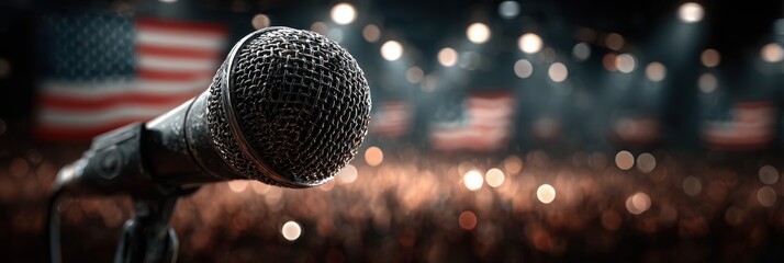 Close-up view of microphone at a motivational speech event with audience waving flags in the background