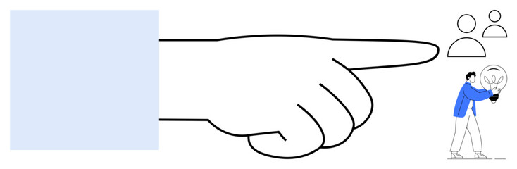 Large pointing hand directing attention to a person holding a glowing lightbulb, paired with abstract icons of users. Ideal for guidance, leadership, teamwork, innovation, ideas, collaboration