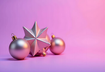 Pastel Pink Christmas Star and Ornaments with Copy Space