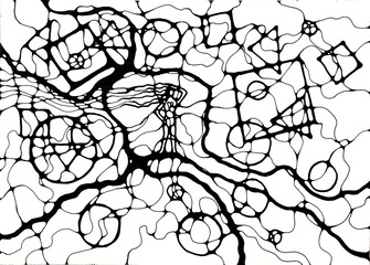 Obraz premium Neurographic style concept abstract traditional art illustration, circle, lines, markers and pencils