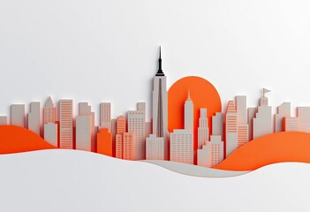 Layered paper cut NYC skyline, orange sunset, grey buildings, light grey base,  evening,  city