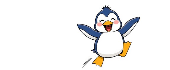 Joyful penguin chick leaps, whimsical line art, coloring book style,  graphic,  snow