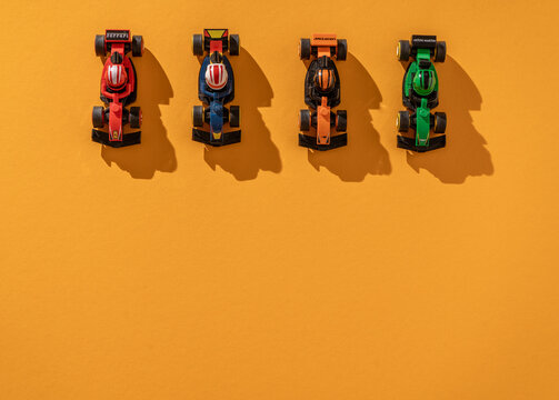 Ukraine, Kyiv - September 18, 2025: Toy car Formula 1 Lego set top view. Ferrari, Aston Martin McLaren formula one team race game
