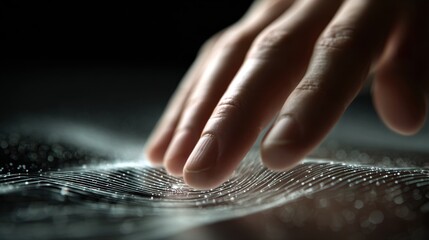 Fingertips gliding across a semi reflective digital surface with subtle texture shifts and light animation trails