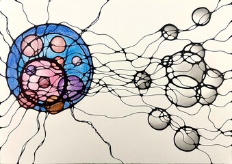 Neurographic style concept abstract traditional art illustration, circle, lines, markers and pencils