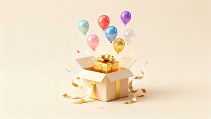 Gift box opening with colorful balloons