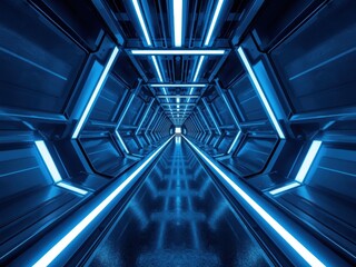 Obraz premium Futuristic Neon Blue Sci Fi Corridor Tunnel Abstract Background