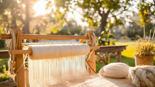 A wooden loom with white threads on a table outdoors, a skein of yarn and a potted plant beside it in warm sunlight.