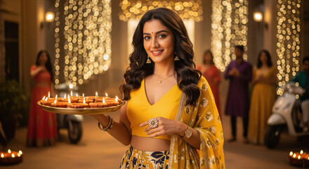 young indian woman holding oil lamps plate on diwali festival