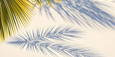 Abstract sunlit beach scene with palm leaf shadow projected on white sand, shimmering water ,  ocean,  photography