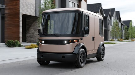 Smart Mobility: Autonomous delivery van arriving at a suburban home
