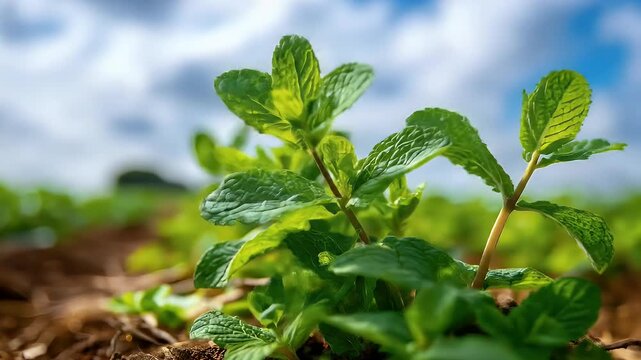 Close-up of vibrant mint leaves in a field